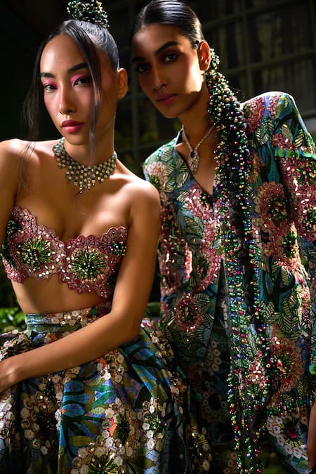 Payal & Zinal_Multi Color Twill Pearls, Carnival Bloom Print And Embellished Lehenga With Blouse _at_Aza_Fashions