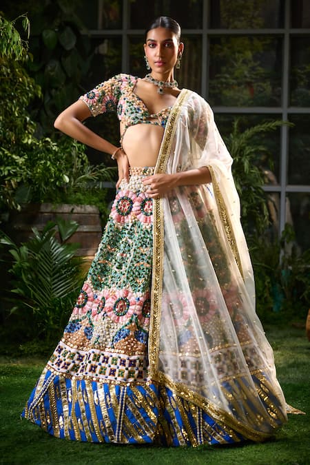 Payal & Zinal Multi Color Velvet Embroidery Lunar Bloom Bead And Embellished Lehenga Set 