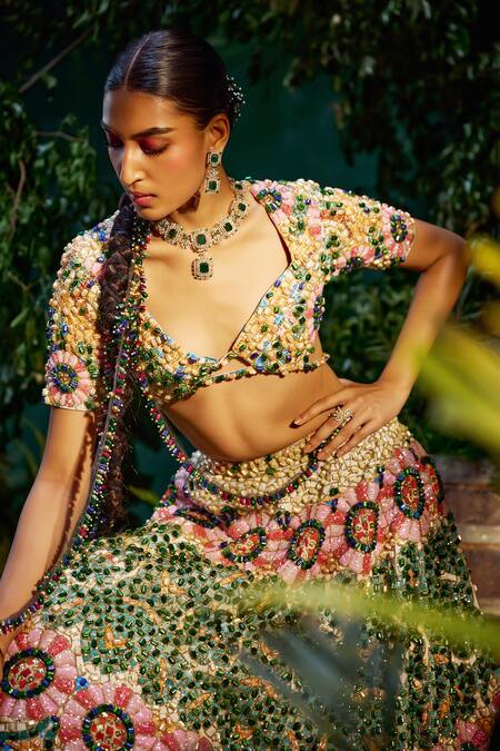 Payal & Zinal_Multi Color Velvet, Chiffon Sequins, Lunar Bloom And Embellished Lehenga Set _Online_at_Aza_Fashions