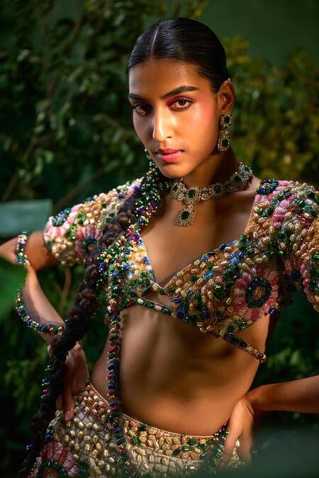 Buy_Payal & Zinal_Multi Color Velvet, Chiffon Sequins, Lunar Bloom And Embellished Lehenga Set _Online_at_Aza_Fashions