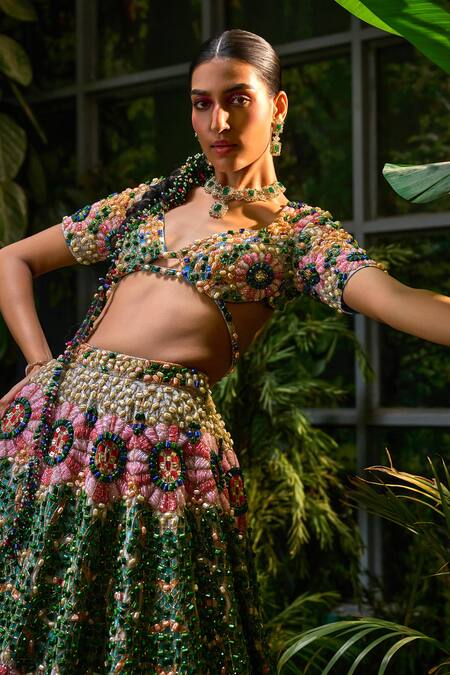 Shop_Payal & Zinal_Multi Color Velvet, Chiffon Sequins, Lunar Bloom And Embellished Lehenga Set _Online_at_Aza_Fashions