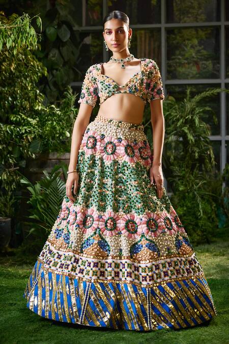 Payal & Zinal_Multi Color Velvet, Chiffon Sequins, Lunar Bloom And Embellished Lehenga Set _at_Aza_Fashions