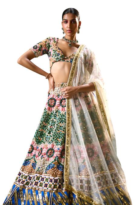 Buy_Payal & Zinal_Multi Color Velvet, Chiffon Sequins, Lunar Bloom And Embellished Lehenga Set 