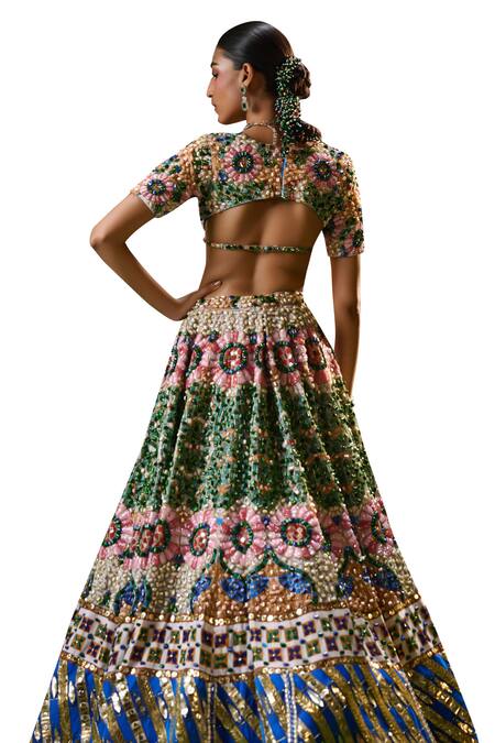 Shop_Payal & Zinal_Multi Color Velvet, Chiffon Sequins, Lunar Bloom And Embellished Lehenga Set 