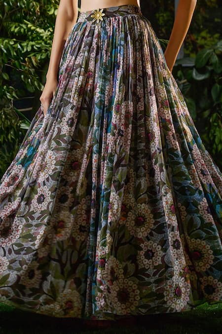 Payal & Zinal_Blue Georgette Pearls, Florence Bloom Print Lehenga With Embellished Blouse _Online_at_Aza_Fashions