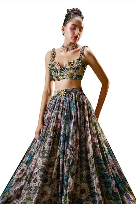 Buy_Payal & Zinal_Blue Georgette Pearls, Florence Bloom Print Lehenga With Embellished Blouse _Online_at_Aza_Fashions