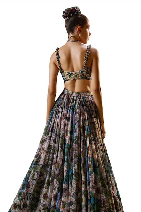 Shop_Payal & Zinal_Blue Georgette Pearls, Florence Bloom Print Lehenga With Embellished Blouse _Online_at_Aza_Fashions