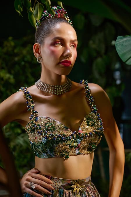 Buy_Payal & Zinal_Blue Georgette Pearls, Florence Bloom Print Lehenga With Embellished Blouse 