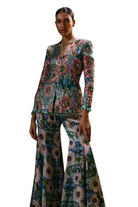 Shop_Payal & Zinal_Blue Twill Sequins, Crystals, Fiore Print Mirror Embroidered Jacket With Sharara _Online_at_Aza_Fashions