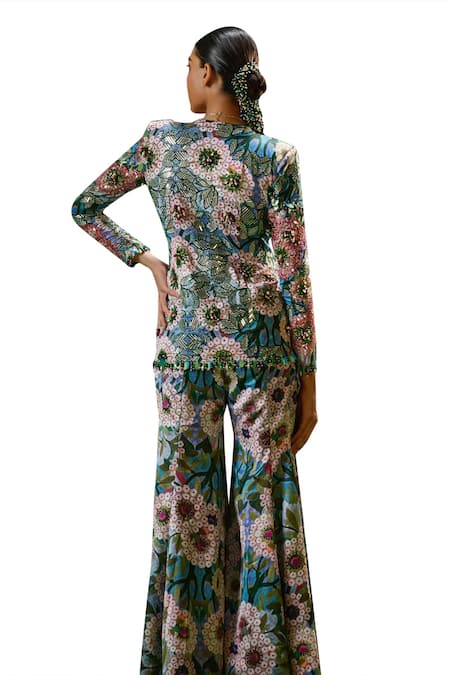 Payal & Zinal_Blue Twill Sequins, Crystals, Fiore Print Mirror Embroidered Jacket With Sharara _at_Aza_Fashions