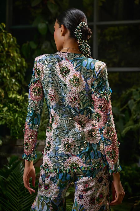 Buy_Payal & Zinal_Blue Twill Sequins, Crystals, Fiore Print Mirror Embroidered Jacket With Sharara 