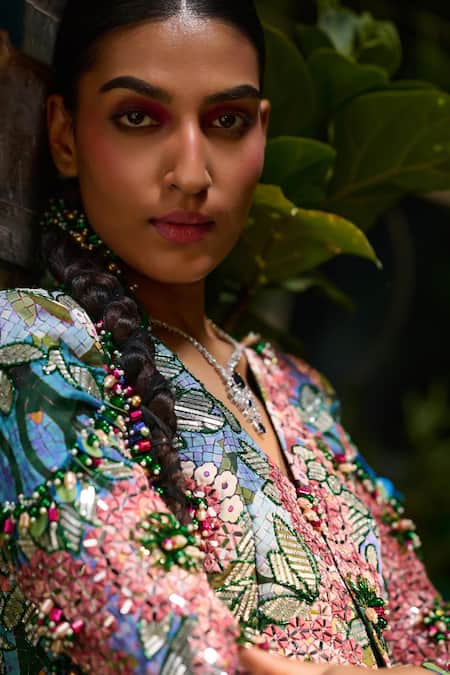 Shop_Payal & Zinal_Blue Twill Sequins, Crystals, Fiore Print Mirror Embroidered Jacket With Sharara 