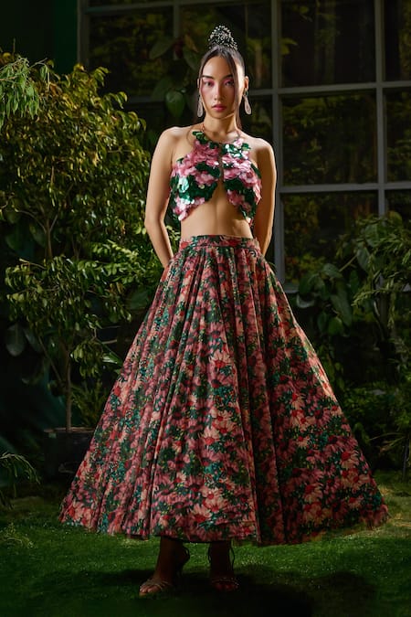 Payal & Zinal_Red Tulle Sequins Wildbloom Ecstasy Print Lehenga With Coin Embellished Blouse _Online_at_Aza_Fashions