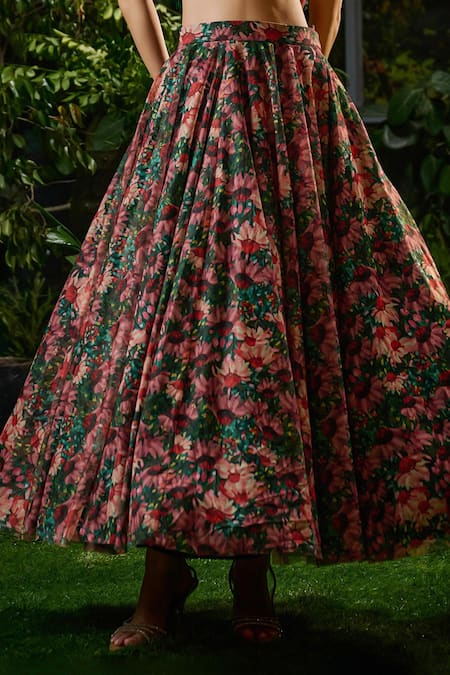 Buy_Payal & Zinal_Red Tulle Sequins Wildbloom Ecstasy Print Lehenga With Coin Embellished Blouse _Online_at_Aza_Fashions