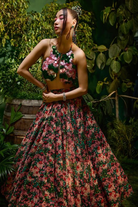 Shop_Payal & Zinal_Red Tulle Sequins Wildbloom Ecstasy Print Lehenga With Coin Embellished Blouse _Online_at_Aza_Fashions