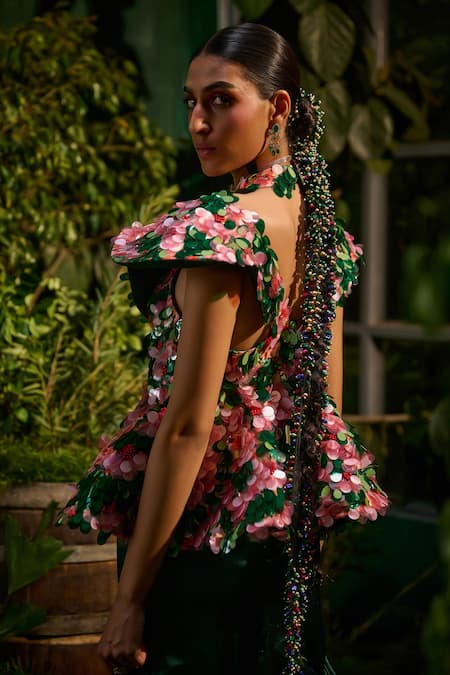 Payal & Zinal Sequin Coin Embellished Peplum Blouse With Lehenga 