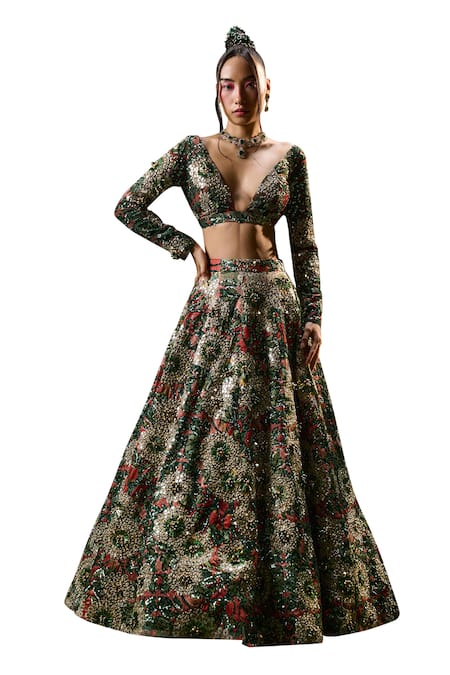 Payal & Zinal_Red Satin Pearls, Sequins, Rainforest Print And Embellished Lehenga With Blouse _Online_at_Aza_Fashions