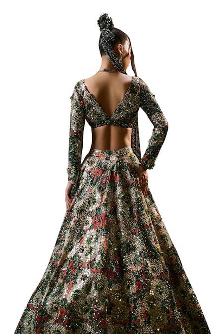 Buy_Payal & Zinal_Red Satin Pearls, Sequins, Rainforest Print And Embellished Lehenga With Blouse _Online_at_Aza_Fashions