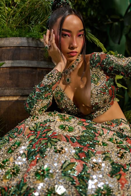 Buy_Payal & Zinal_Red Satin Pearls, Sequins, Rainforest Print And Embellished Lehenga With Blouse 