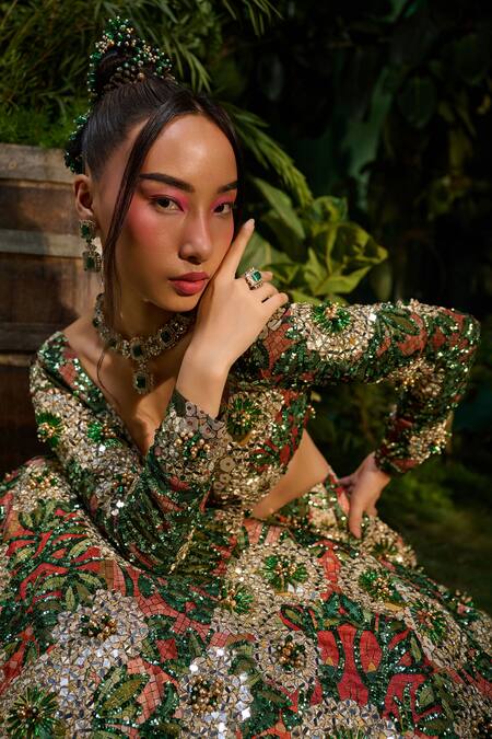 Shop_Payal & Zinal_Red Satin Pearls, Sequins, Rainforest Print And Embellished Lehenga With Blouse 