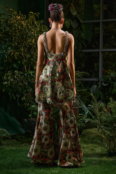 Payal & Zinal Wild Wood Print & Mirror Embellished Tunic With Sharara 