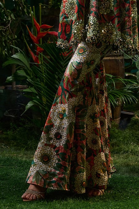 Payal & Zinal_Red Cotton Pearls, Wild Wood Print And Mirror Embellished Tunic With Sharara _Online_at_Aza_Fashions