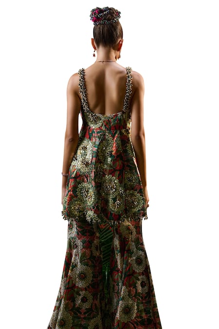 Shop_Payal & Zinal_Red Cotton Pearls, Wild Wood Print And Mirror Embellished Tunic With Sharara _Online_at_Aza_Fashions