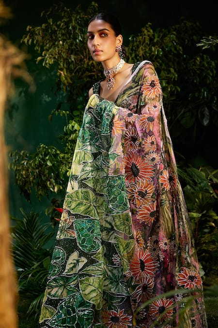 Payal & Zinal_Green Tulle, Gingham, Silk Sequins, Florin Print Cutdana Embellished Saree Set _Online_at_Aza_Fashions