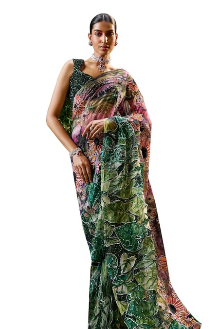 Shop_Payal & Zinal_Green Tulle, Gingham, Silk Sequins, Florin Print Cutdana Embellished Saree Set _Online_at_Aza_Fashions