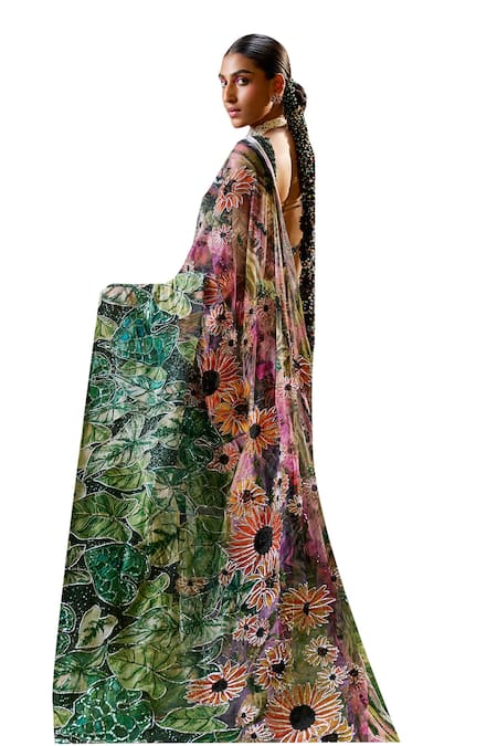 Payal & Zinal_Green Tulle, Gingham, Silk Sequins, Florin Print Cutdana Embellished Saree Set _at_Aza_Fashions