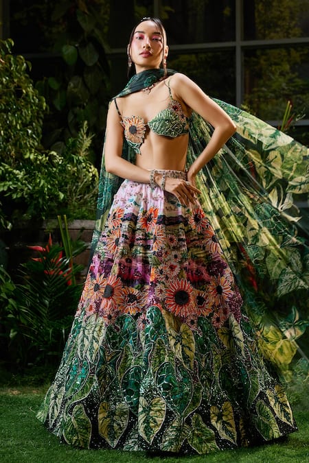 Payal & Zinal Green Velvet Print Mellow Garden Sweetheart Sunflower Embellished Lehenga Set 