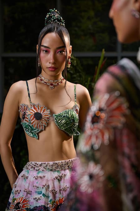 Buy Payal & Zinal Green Tulle, Velvet Sequins, Sunflower Garden Print Embellished Lehenga Set Online at Aza Fashions Buy_Payal & Zinal_Green Tulle, Velvet Sequins, Sunflower Garden Print Embellished Lehenga Set _Online_at_Aza_Fashions