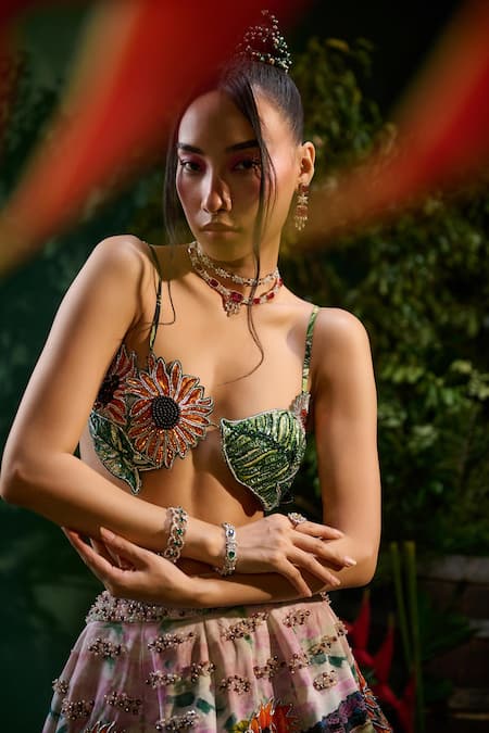 Shop Payal & Zinal Green Tulle, Velvet Sequins, Sunflower Garden Print Embellished Lehenga Set Online at Aza Fashions Shop_Payal & Zinal_Green Tulle, Velvet Sequins, Sunflower Garden Print Embellished Lehenga Set _Online_at_Aza_Fashions