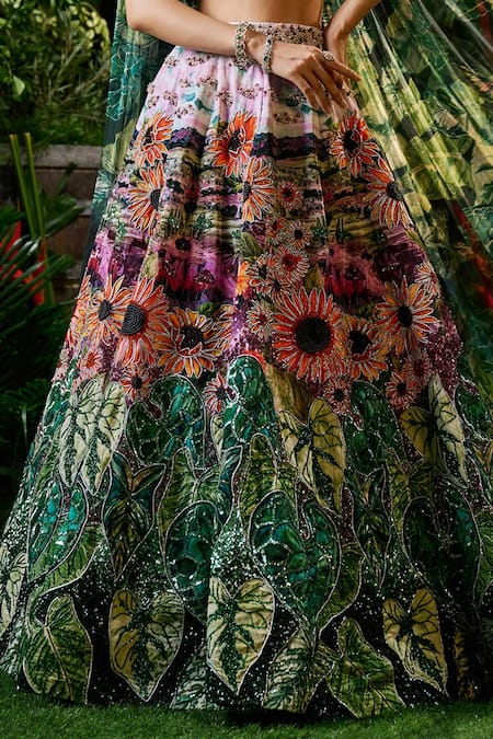 Payal & Zinal Green Tulle, Velvet Sequins, Sunflower Garden Print Embellished Lehenga Set at Aza Fashions Payal & Zinal_Green Tulle, Velvet Sequins, Sunflower Garden Print Embellished Lehenga Set _at_Aza_Fashions