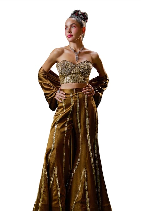 Payal & Zinal Brown Gingham, Silk Sequins, Beads, Cut Back Bow Cape Sharara Set Online at Aza Fashions Payal & Zinal_Brown Gingham, Silk Sequins, Beads, Cut Back Bow Cape Sharara Set _Online_at_Aza_Fashions