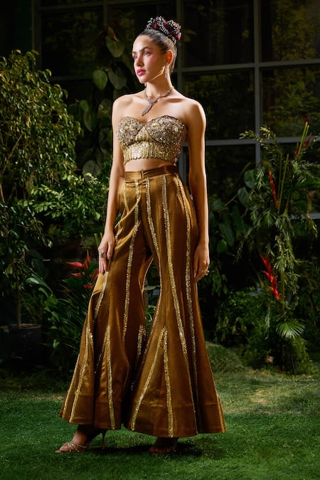 Shop Payal & Zinal Brown Gingham, Silk Sequins, Beads, Cut Back Bow Cape Sharara Set Online at Aza Fashions Shop_Payal & Zinal_Brown Gingham, Silk Sequins, Beads, Cut Back Bow Cape Sharara Set _Online_at_Aza_Fashions