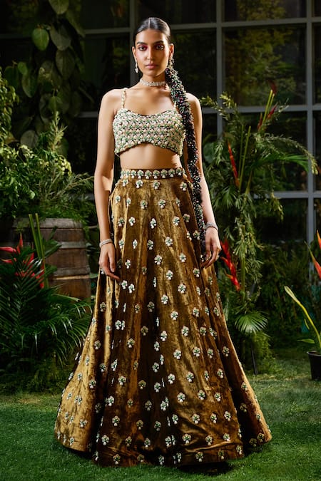 Payal & Zinal Brown Gajji Silk Embroidery Pearl Ambrosia Motif Embellished Lehenga With Blouse 