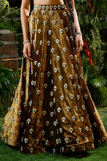 Payal & Zinal_Brown Silk, Gingham Pearls, Ambrosia Motif Embellished Lehenga With Blouse _Online_at_Aza_Fashions
