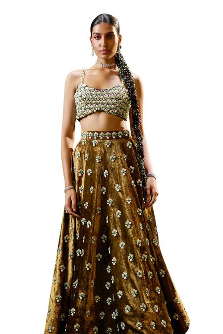 Buy_Payal & Zinal_Brown Silk, Gingham Pearls, Ambrosia Motif Embellished Lehenga With Blouse _Online_at_Aza_Fashions