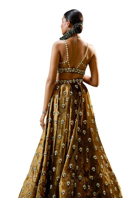 Shop_Payal & Zinal_Brown Silk, Gingham Pearls, Ambrosia Motif Embellished Lehenga With Blouse _Online_at_Aza_Fashions