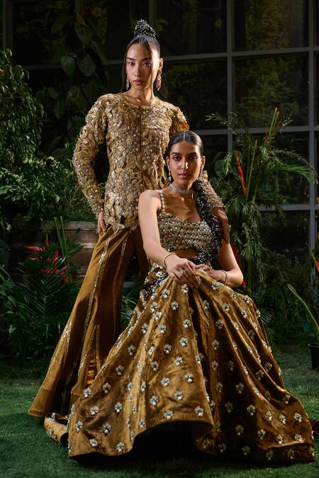 Shop_Payal & Zinal_Brown Silk, Gingham Pearls, Ambrosia Motif Embellished Lehenga With Blouse 