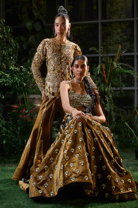 Payal & Zinal_Brown Tulle, Velvet Beads, Royal Fiore Cutwork Embroidered Kurti With Sharara _Online_at_Aza_Fashions