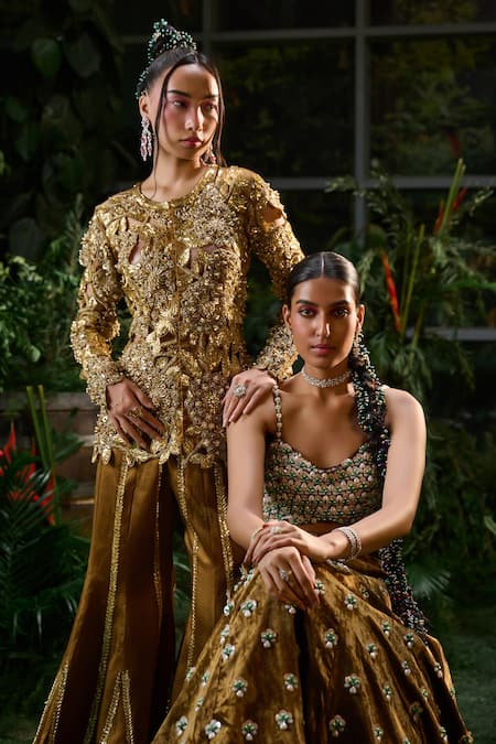 Buy_Payal & Zinal_Brown Tulle, Velvet Beads, Royal Fiore Cutwork Embroidered Kurti With Sharara _Online_at_Aza_Fashions