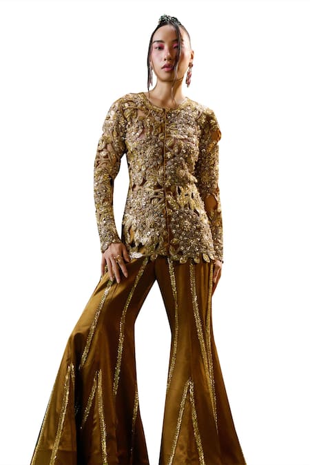 Payal & Zinal_Brown Tulle, Velvet Beads, Royal Fiore Cutwork Embroidered Kurti With Sharara _at_Aza_Fashions