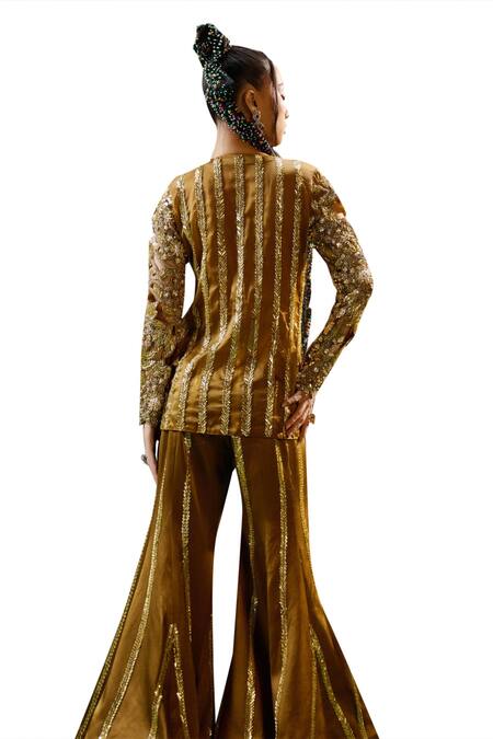 Buy_Payal & Zinal_Brown Tulle, Velvet Beads, Royal Fiore Cutwork Embroidered Kurti With Sharara 