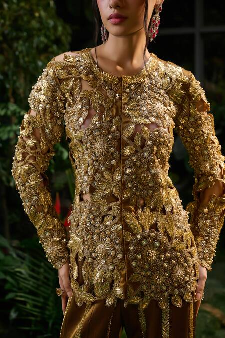 Shop_Payal & Zinal_Brown Tulle, Velvet Beads, Royal Fiore Cutwork Embroidered Kurti With Sharara 