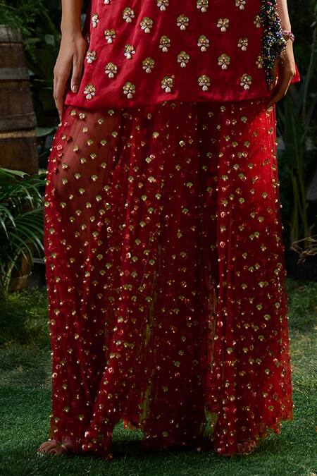 Payal & Zinal_Red Organza, Gabardine Damask Fiore Embroidered Kurti With Embellished Skirt _Online_at_Aza_Fashions