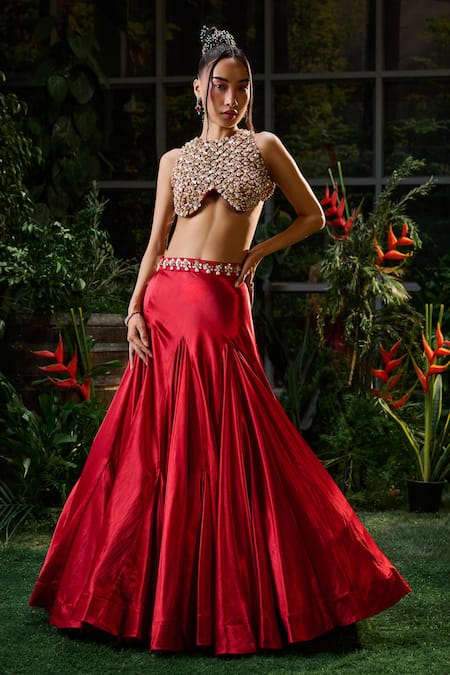 Payal & Zinal Red Organza Embroidery Pearl Fit And Flare Mermaid Skirt With Embellished Blouse 