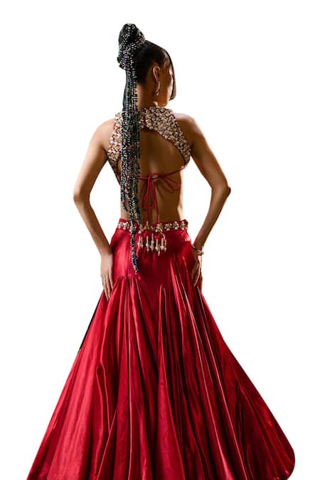 Payal & Zinal_Red Organza, Tulle Pearls, Fit And Flare Mermaid Skirt With Embellished Blouse _Online_at_Aza_Fashions
