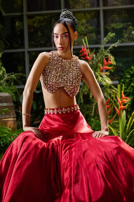 Buy_Payal & Zinal_Red Organza, Tulle Pearls, Fit And Flare Mermaid Skirt With Embellished Blouse _Online_at_Aza_Fashions